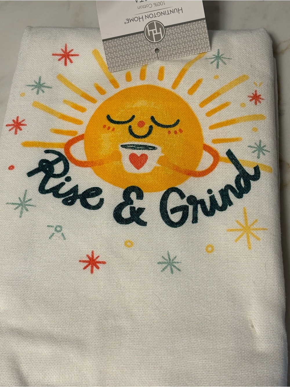 Huntington Home “Rise & Grind” Tea Towel with Yellow Sun, NWT